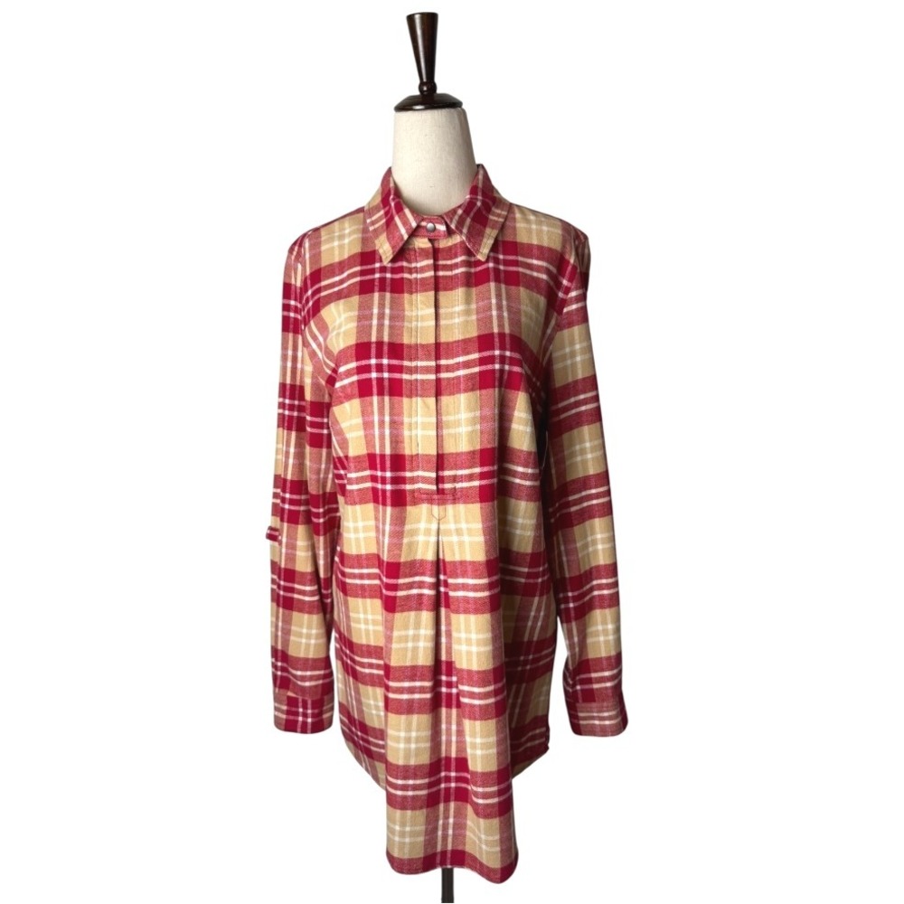 Tyler Boe Shirt Women Medium Red Tan Plaid Cotton Flannel Button Down Top Preppy